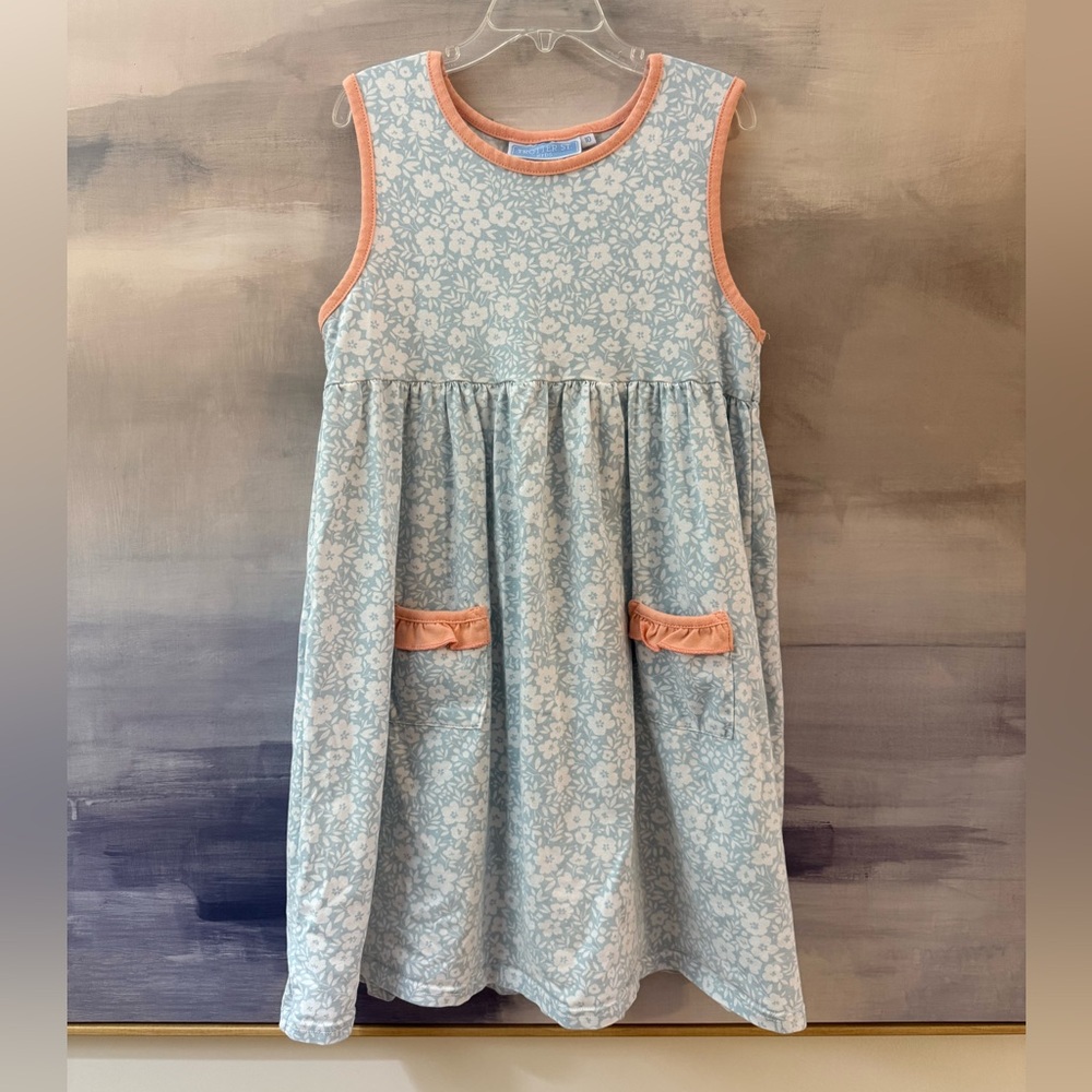 Girls Floral Blue and Peach Kids Ruffle Pocket Sleeveless Dress for Spring